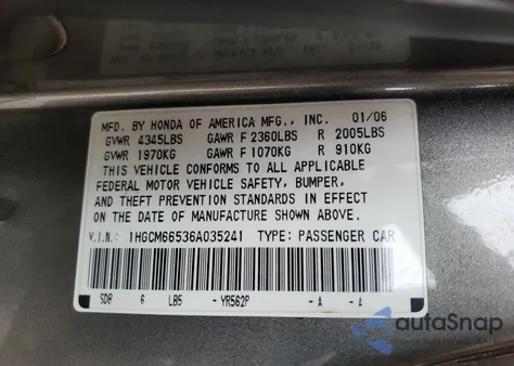 2006 Honda Accord Ex z USA, uszkodzony, nr VIN 1HGCM66536A035241